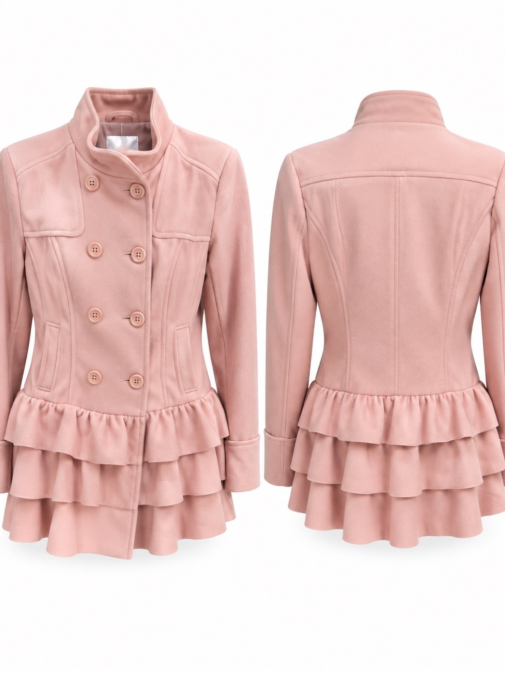 Women’s Double-Breasted Ruffle Hem Coat - Blush Pink